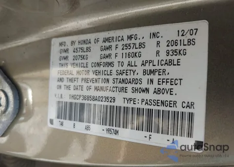 2008 Honda Accord 3.5 Ex-L from USA, damaged, VIN 1HGCP36858A023529